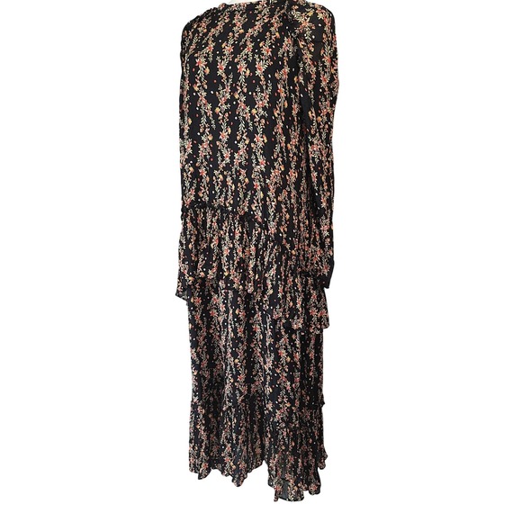 ZARA Black Floral Print Tiered‎ Maxi Dress Puff Sleeve Ruffle High Neck - Picture 4 of 10